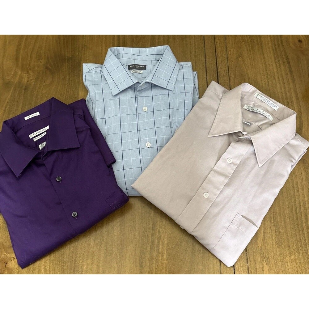 LOT 3 Van Heusen Dress Shirt Mens 16 1/2 32/33 Purple, Lavender, Blue Stripped